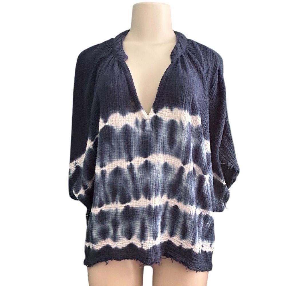 Young Fabulous & Broke Blue and White Tie-Dye Cotton Gauze Oversized Top S/M